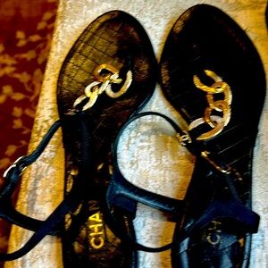 Chanel black sandals with gold chain